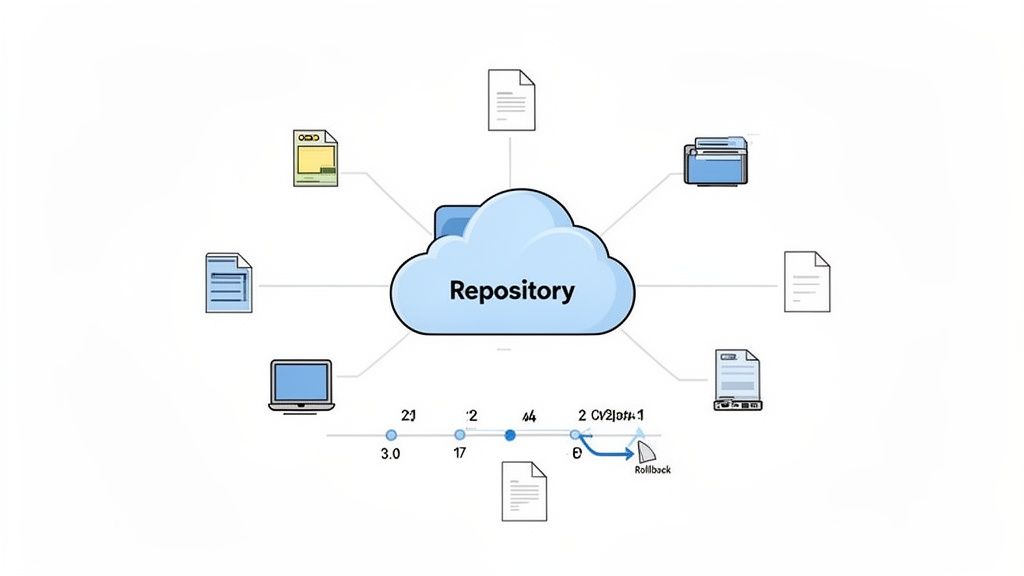 A diagram illustrates a cloud repository connecting various documents and devices, featuring a versi