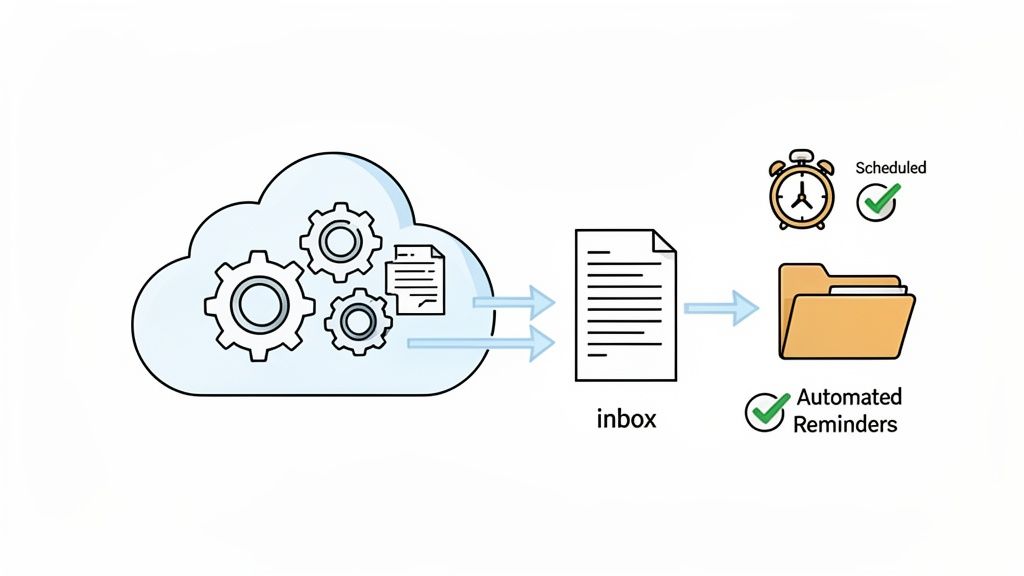 Illustration of a cloud system automating document processing into an inbox, triggering scheduled an