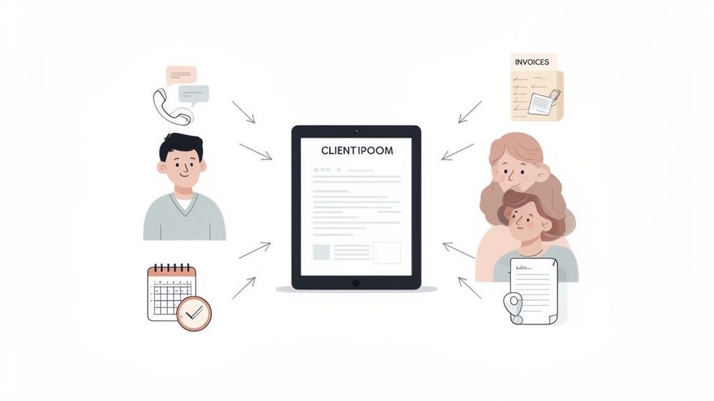 An illustration of a tablet labeled "CLIENTIPOOM" managing client interactions, schedules,