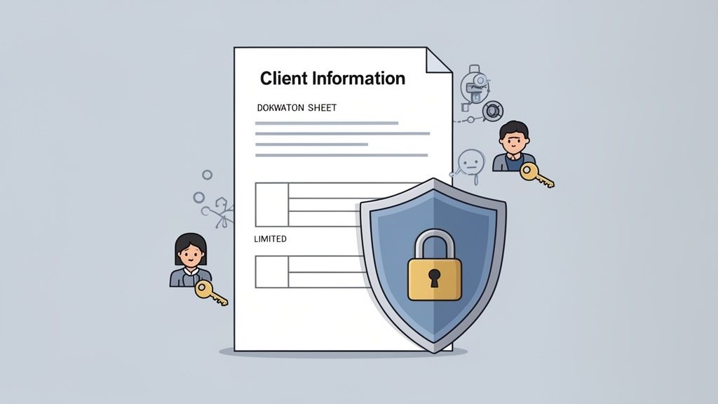 Illustration of a client information sheet secured by a shield and padlock, with users holding keys