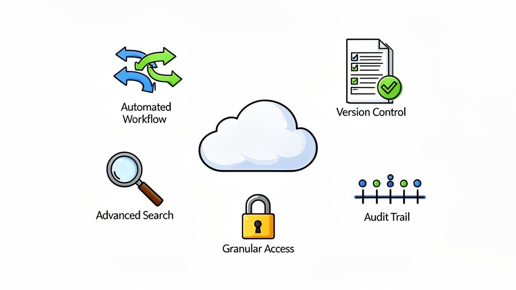 Cloud icon surrounded by symbols representing automated workflow, version control, advanced search,