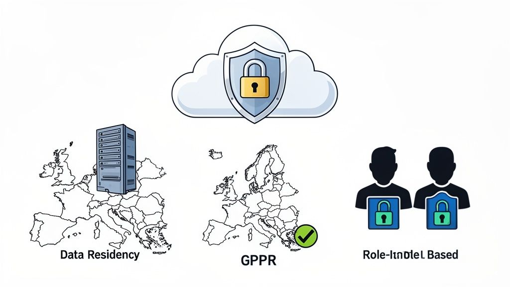 Cloud security concepts including data residency, GDPR compliance, and role-based access control.