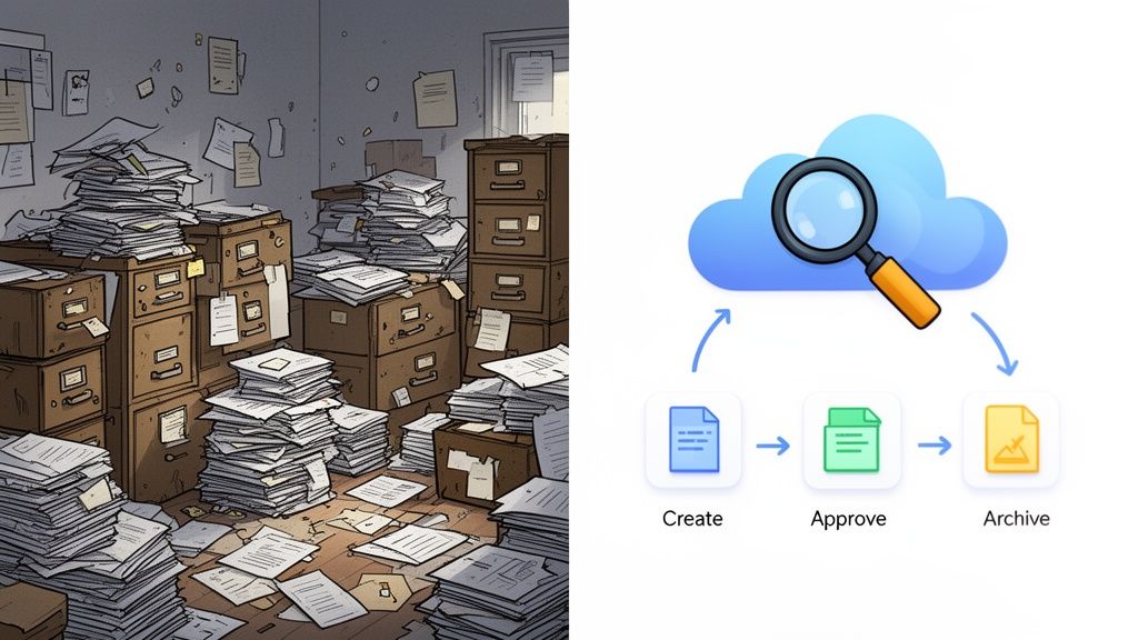 An image contrasting a messy paper-filled office with a clean cloud-based document workflow.