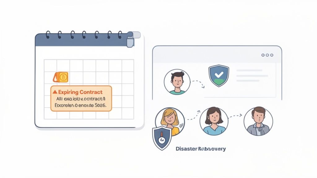 Illustration showing contract expiry on a calendar, user security, and disaster recovery for cloud m