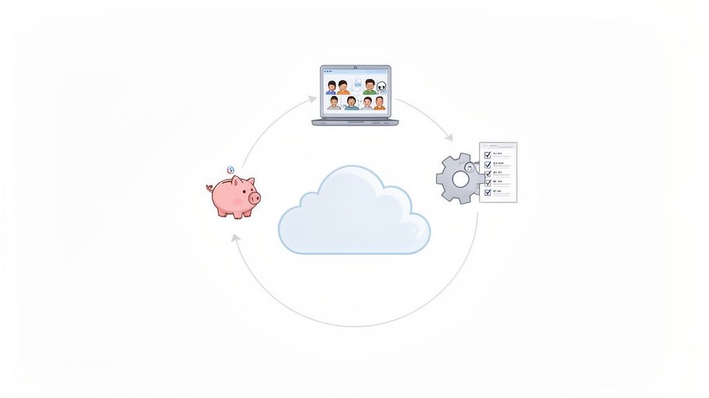 A circular diagram illustrating a cloud system for remote collaboration, task automation, and financ