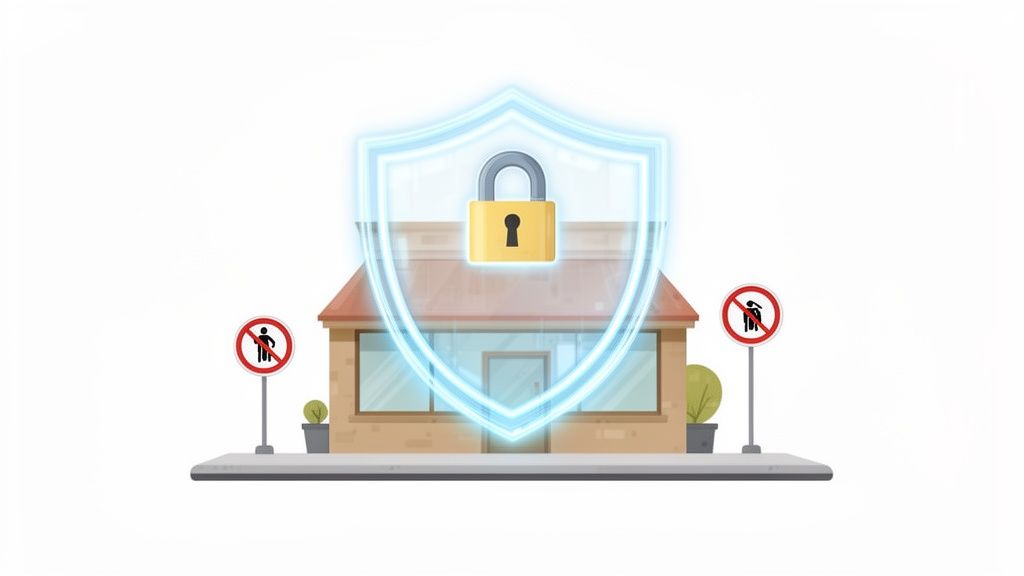 Illustration of a protected building with a glowing shield and padlock, flanked by 'no entry 
