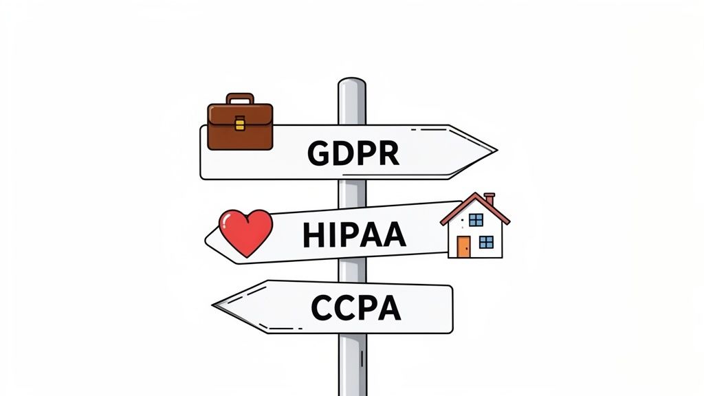 A signpost with three signs for GDPR, HIPAA, and CCPA, representing data privacy regulations.