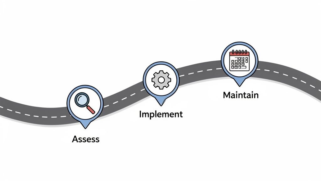 A process diagram on a winding road illustrating three stages: Assess, Implement, and Maintain.