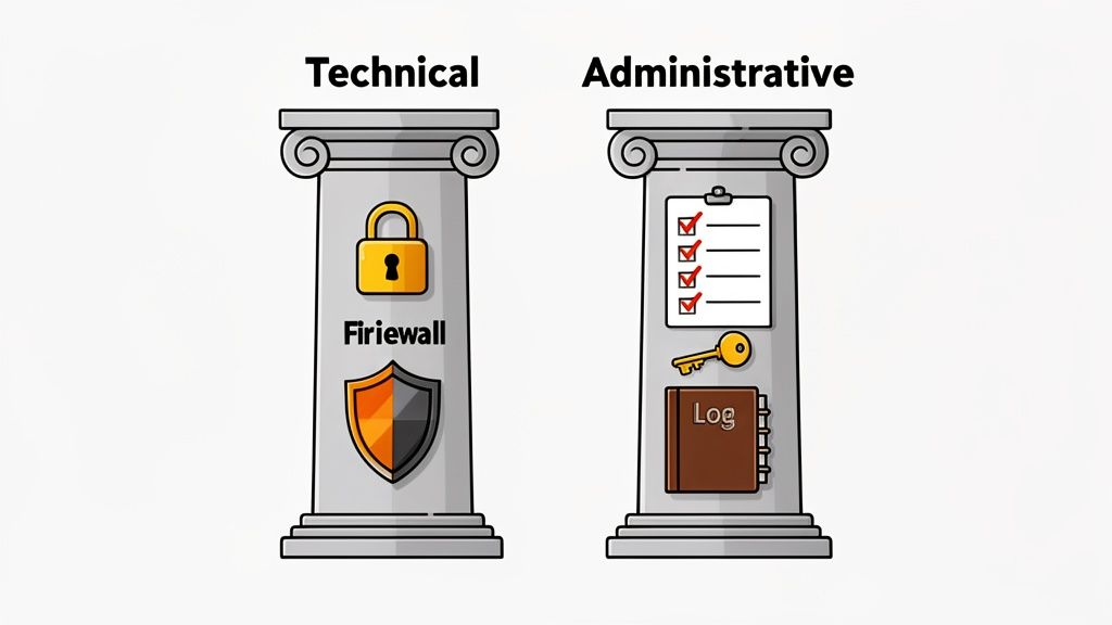 Two pillars illustrating technical (firewall, lock, shield) and administrative (checklist, key, log)