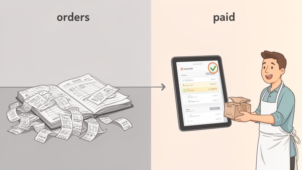 Illustration showing a transition from messy paper orders to efficient digital order management and 
