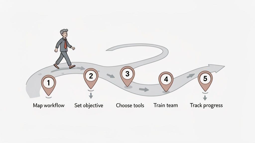 A cartoon businessman walks along a path illustrating five steps: map workflow, set objective, choos