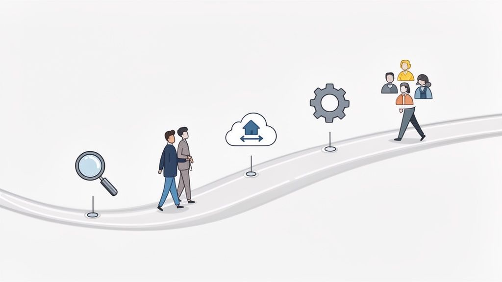 Illustrative image showing a journey with icons for search, cloud, process, and people collaboration