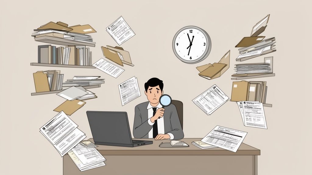 A stressed man with a magnifying glass at a desk, surrounded by piles of documents and a clock.