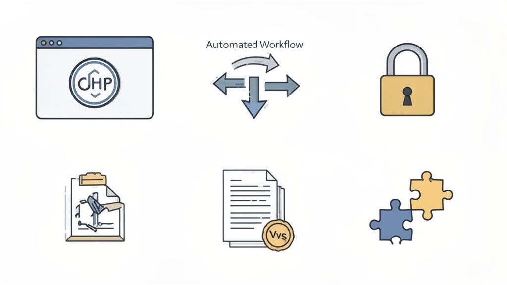 Icons illustrating automated workflow, secure document handling, and system integration solutions.