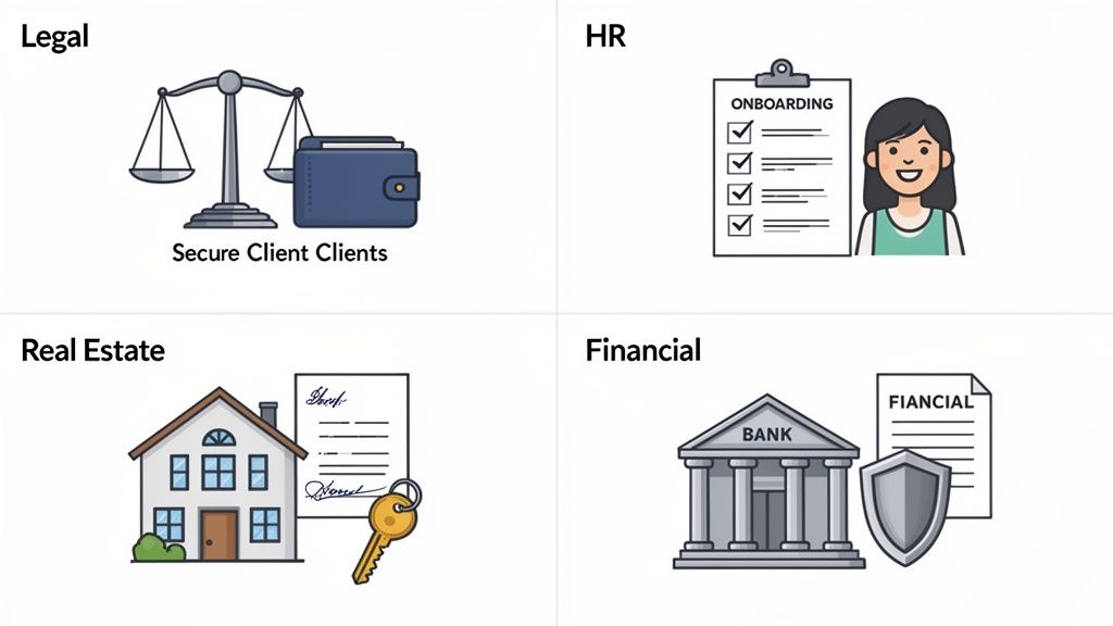 Illustrations showing document management needs across legal, HR, real estate, and financial sectors