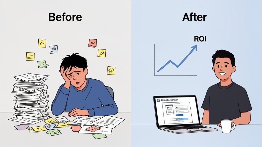 A before-and-after image showing a person overwhelmed by paperwork versus happy with digital organiz