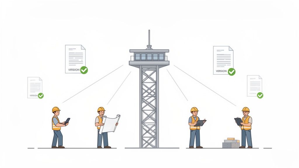 Construction workers access version-controlled project documents from a central management system.