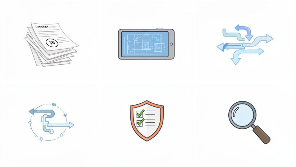 Six icons illustrating document management, digital construction plans, complex workflows, security,