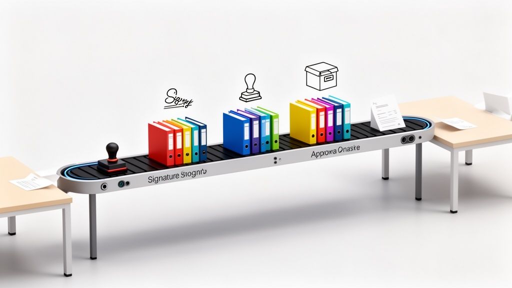 Conveyor belt illustrating a document processing workflow with binders, a stamp, and a document.