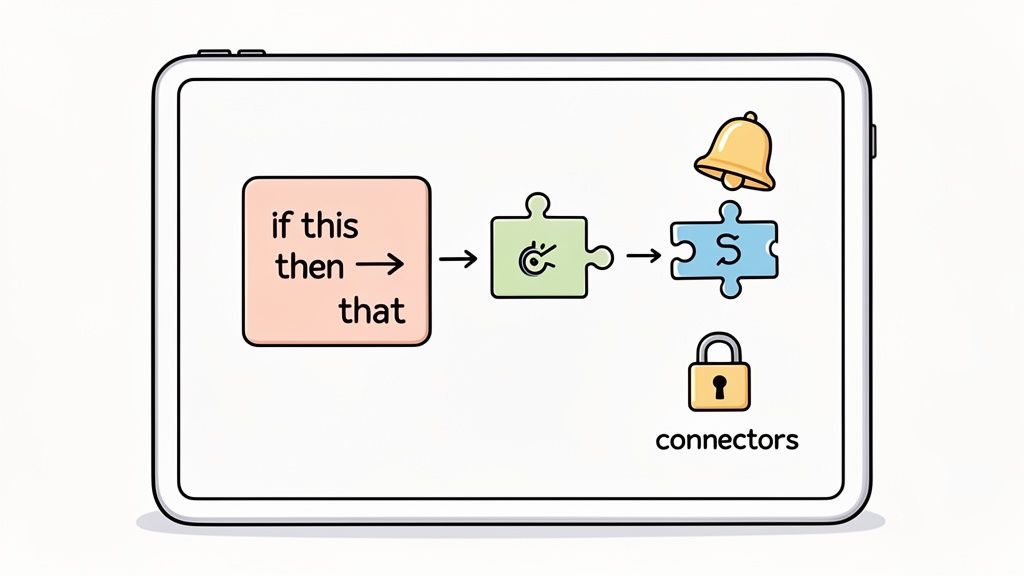 A tablet displays a visual workflow diagram with an 'if this then that' box, puzzle pieces
