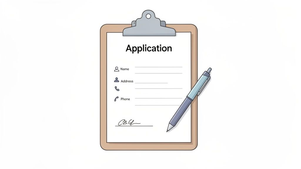 A clipboard holds an application form with fields for name, address, phone, and a signature line, ne