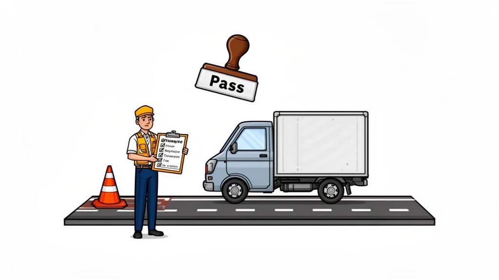 A worker inspects a truck with a checklist, and a 'Pass' stamp descends, symbolizing drive