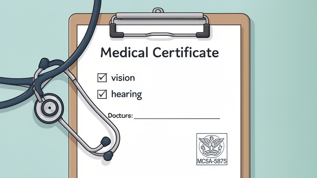 A medical certificate on a clipboard with a stethoscope, indicating vision and hearing checks.