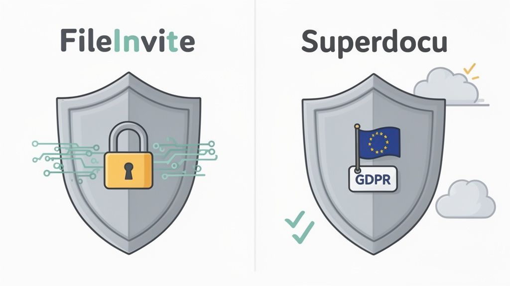 FileInvite and Superdocu logos with shields representing data security, privacy, and GDPR compliance