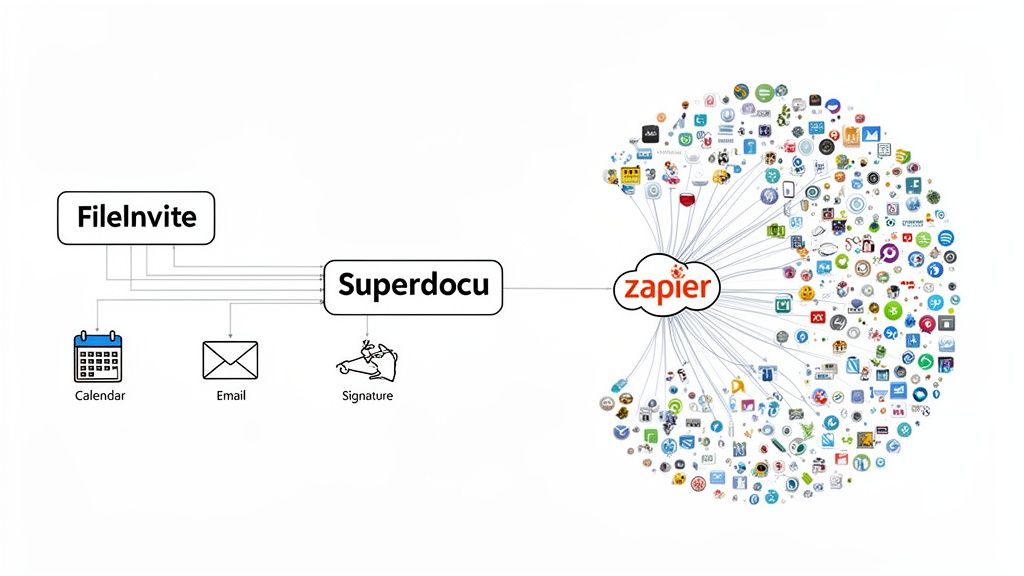 Workflow diagram illustrating FileInvite and Superdocu integration with Zapier and numerous applicat