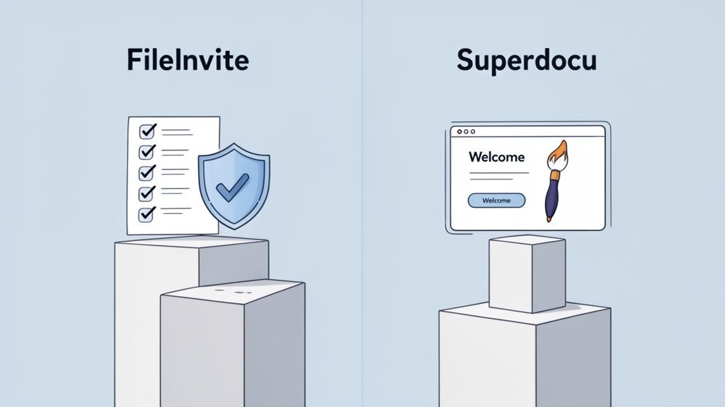 A visual comparison between FileInvite, featuring a checklist and shield, and Superdocu, showing a w
