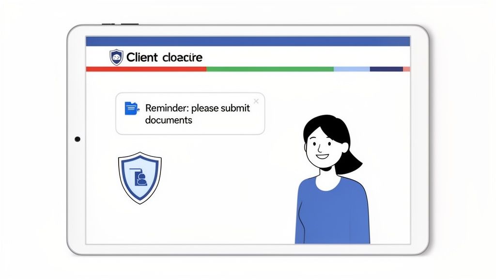 A tablet displays a client portal with a reminder to submit documents and a security shield icon.
