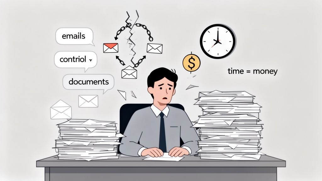 A stressed man at a desk overwhelmed by documents and emails, symbolizing inefficient manual tasks.