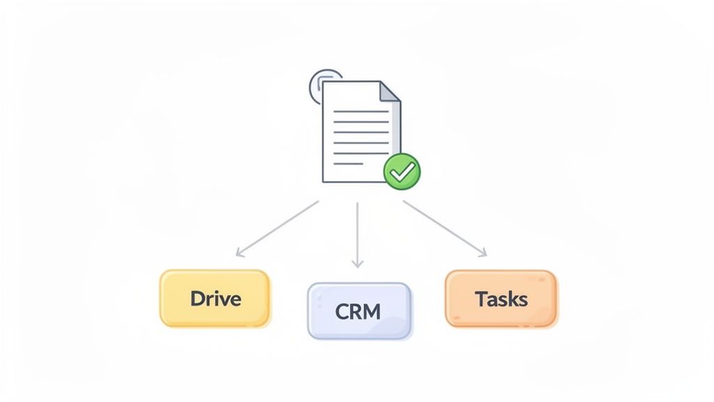 A document with a checkmark indicating completion, branching out to Drive, CRM, and Tasks applicatio