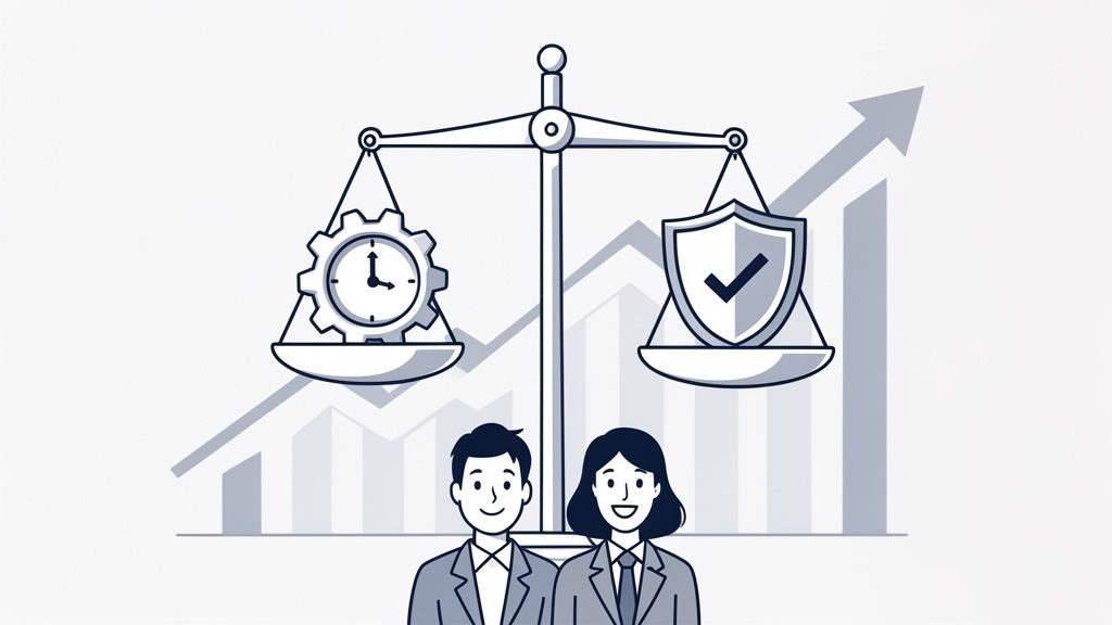 A balance scale weighing time and security, with business professionals and a rising growth graph.