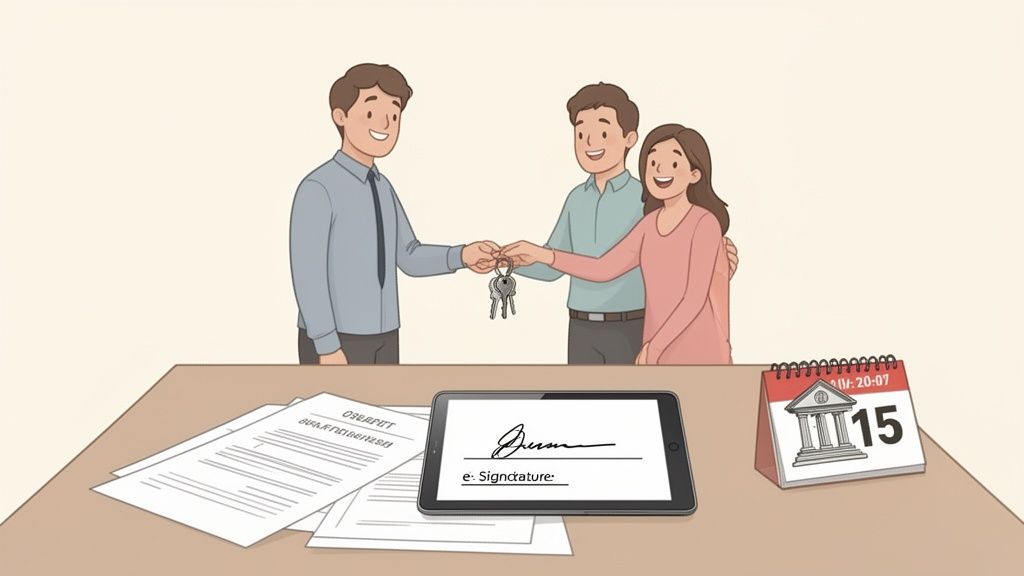 Happy couple receives house keys from an agent, with digital signature and calendar visible on a tab