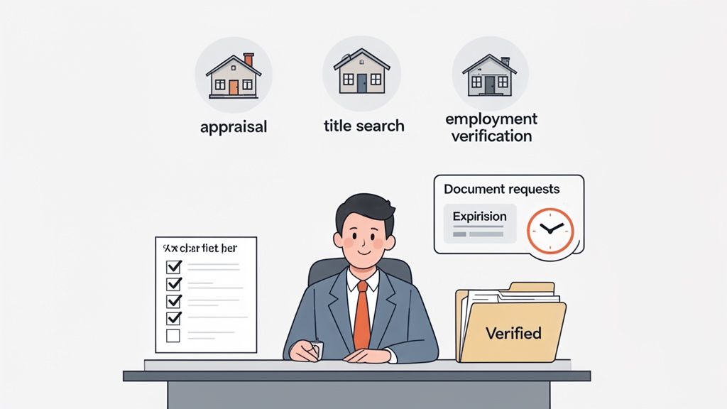 Illustration of mortgage loan processing steps including appraisal, title search, employment verific