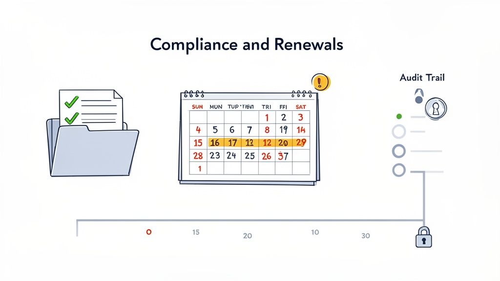 Illustration showing compliance management, important deadlines on a calendar, and an audit trail pr