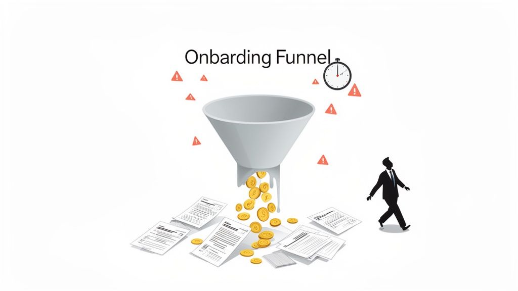 An illustration depicting an onboarding funnel losing money and documents, with warning signs, a sto