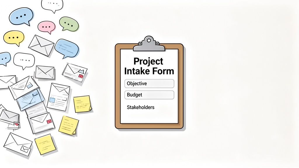 A Project Intake Form on a clipboard, surrounded by communication elements like speech bubbles, enve