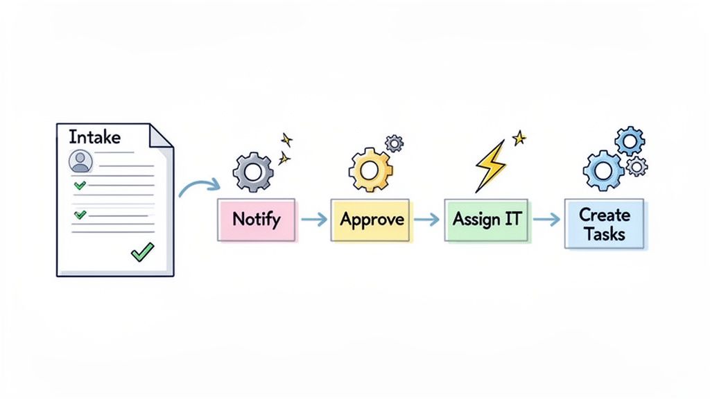A workflow diagram illustrates the project intake process, from intake form to notifying, approving,