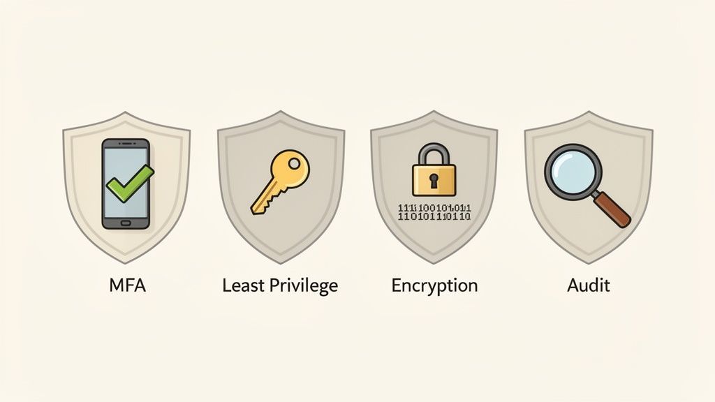 Four shields illustrate core cybersecurity principles: MFA, Least Privilege, Encryption, and Audit.