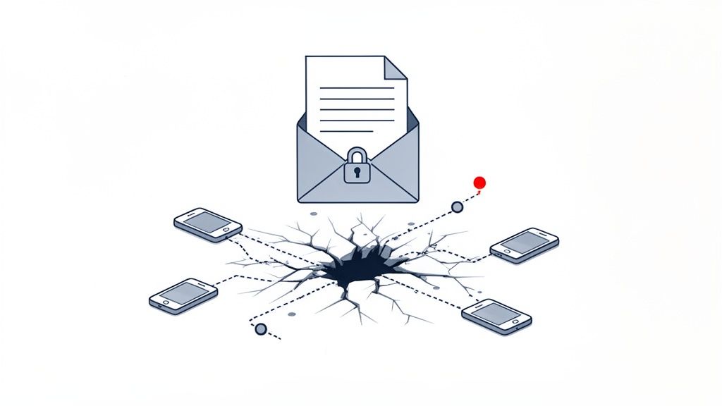 An envelope with a locked document over cracked ground, connected to multiple smartphones.