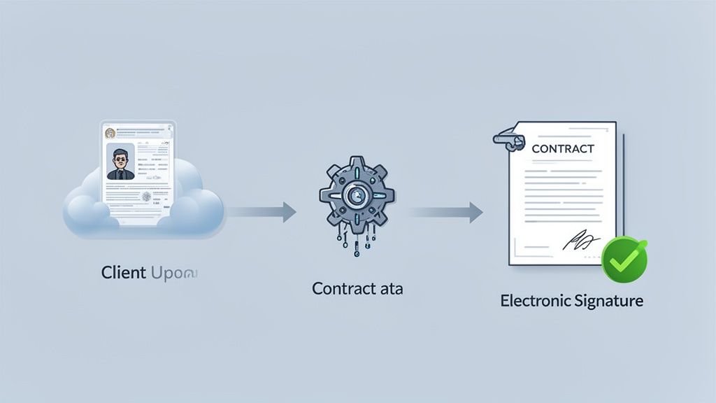 Flowchart showing client data from a cloud, processed by a smart contract engine, leading to an elec