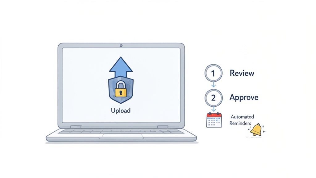 Laptop screen showing a secure upload icon, followed by steps for review, approval, and automated re