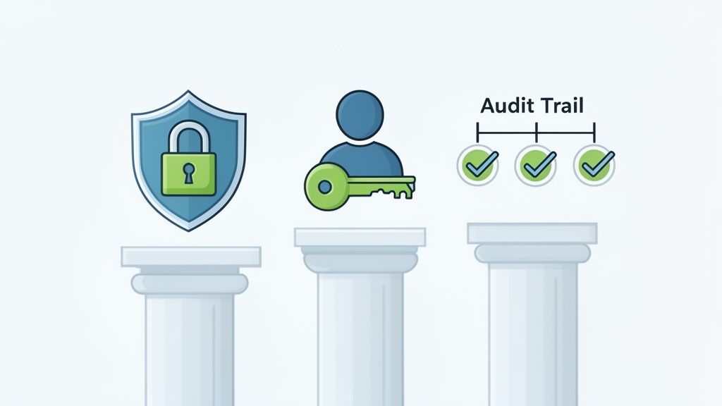 Three pillars representing digital security with a padlock, user access with a key, and an audit tra