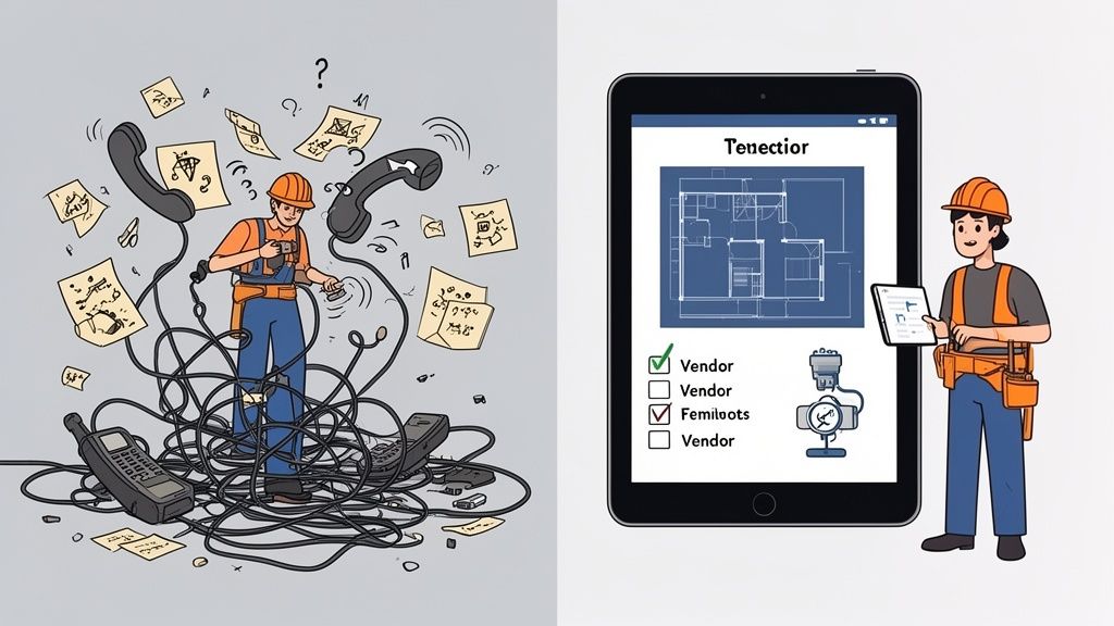 A construction worker overwhelmed by manual tasks versus a happy worker using vendor onboarding soft