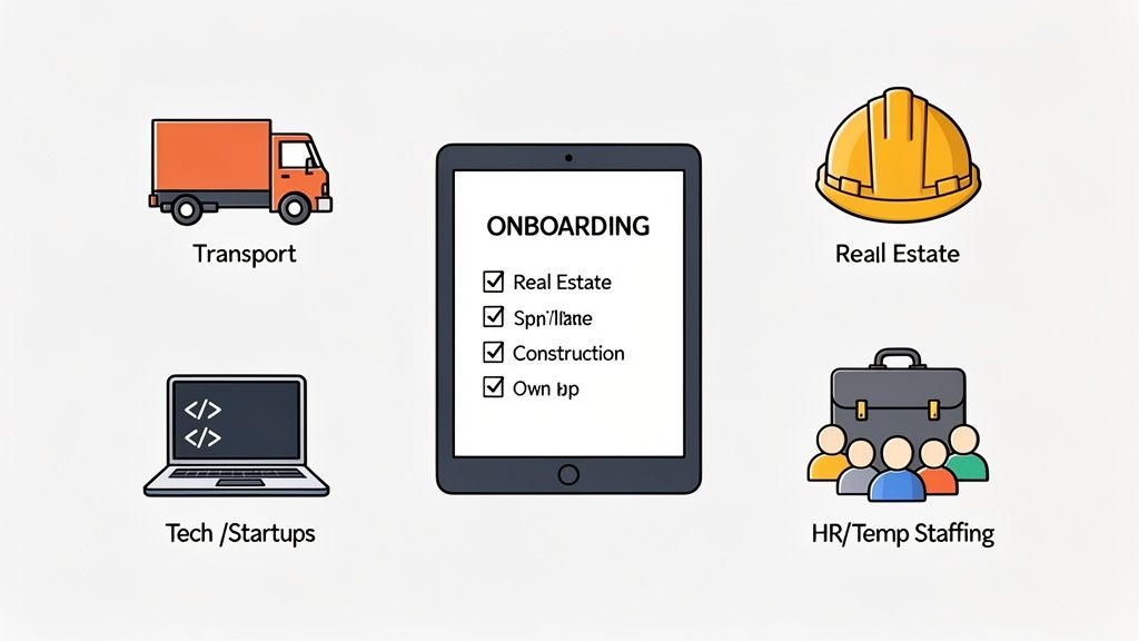 Illustrations of various business sectors including transport, tech, real estate, and HR, with a tab