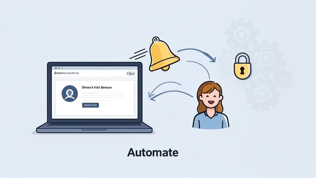 Illustration of a laptop, notification, smiling user, and padlock representing automated secure acce