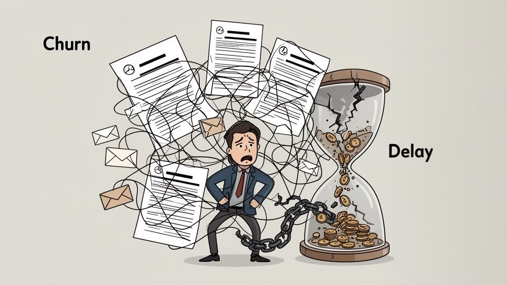A stressed man is overwhelmed by documents and emails, chained to a broken hourglass losing money.