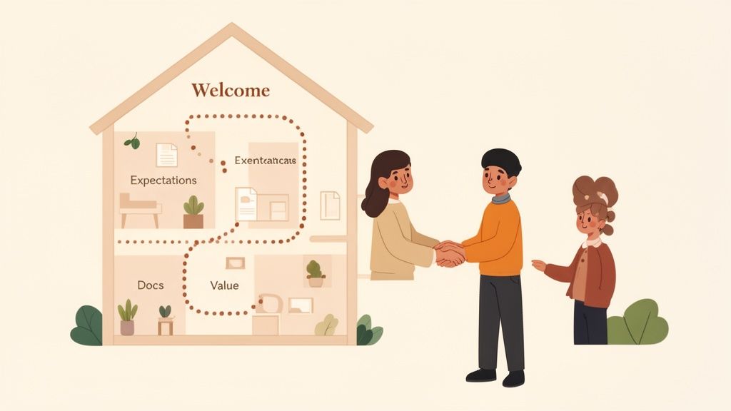 Illustration of a house outlining a client onboarding journey with steps like Expectations, Docs, an